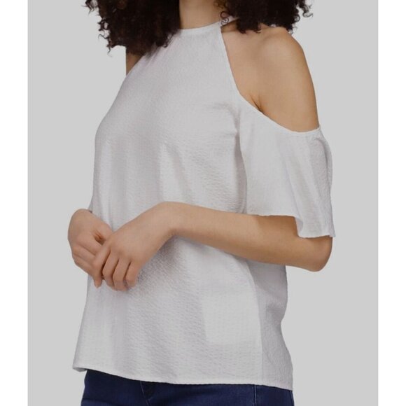 Michael Kors Women's White Seersucker Cold Shoulder Blouse Top Size L - Picture 1 of 6